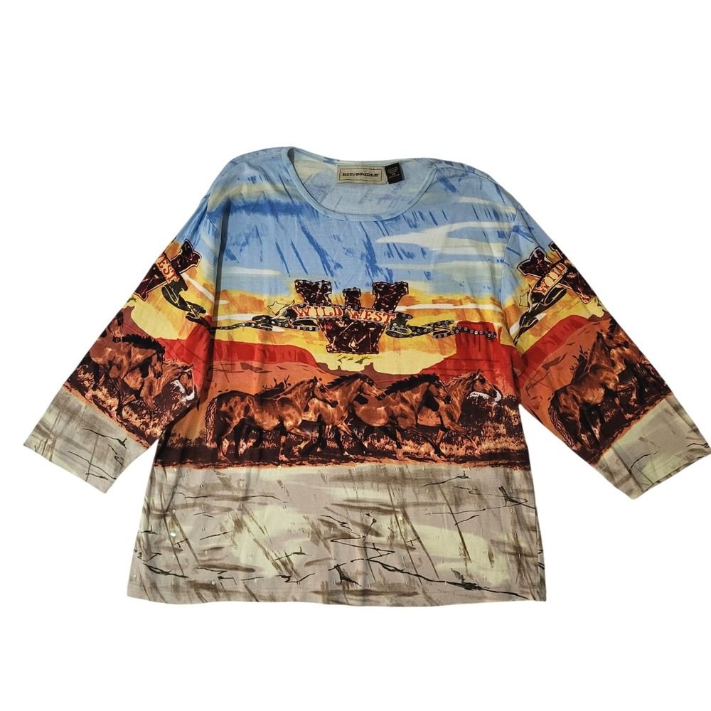 Bit & Bridle Wild West Horses Tunic Top Women's 2X Desert Western Cowgirl Sequin